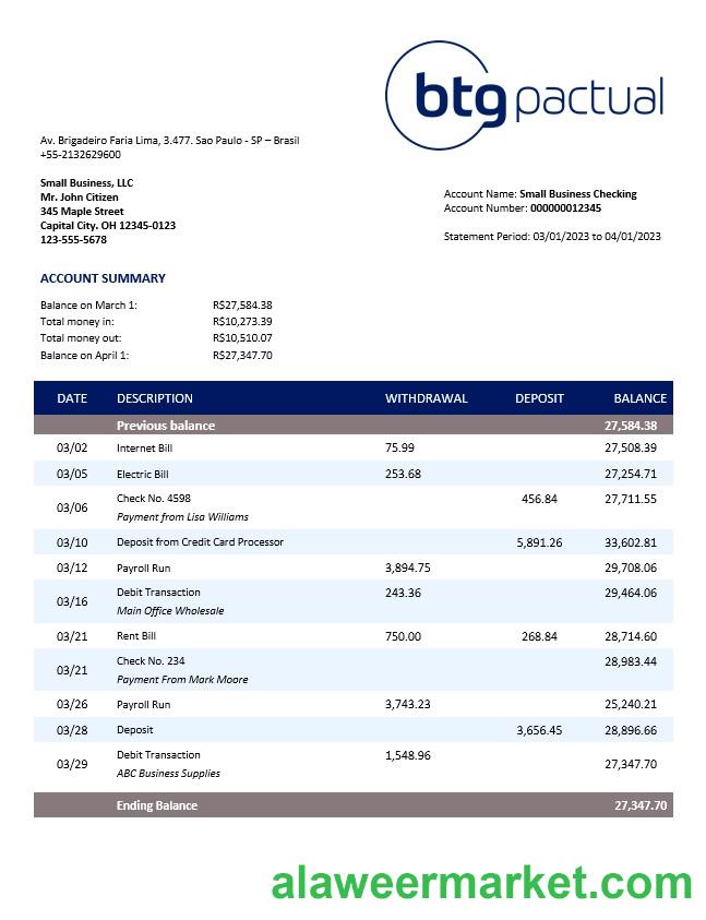 BTG Pactual Bank business checking account statement Word and PDF template
